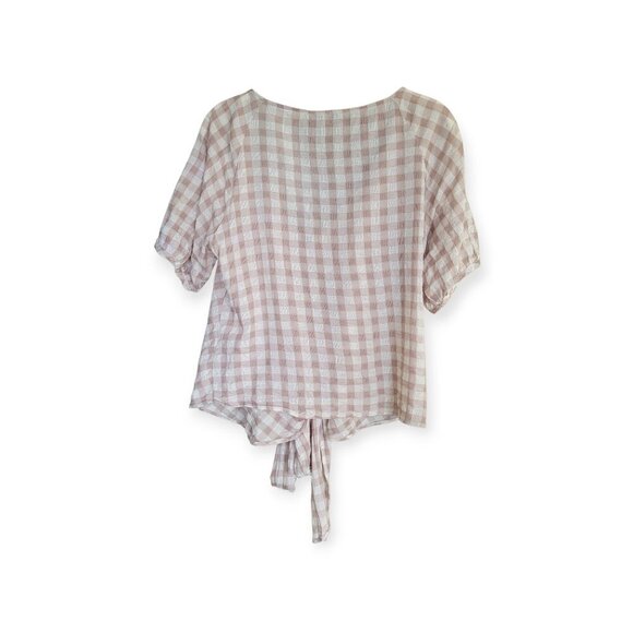 Madewell Gingham Sweetheart Wrap Top, Tan/Cream, Size M - Picture 7 of 13